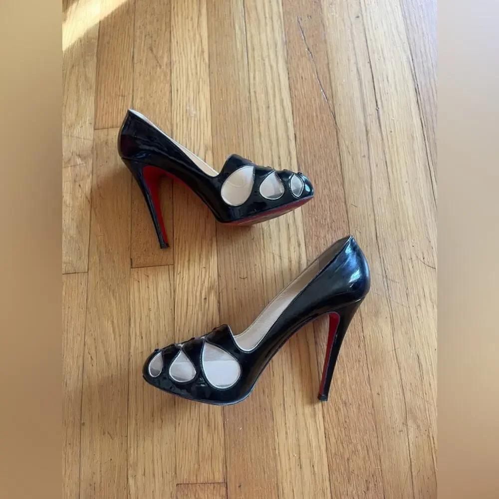 Christian Louboutin MOIRA 120 Black Patent Platform Pumps Cut Out Sz 38 - Picture 5 of 9